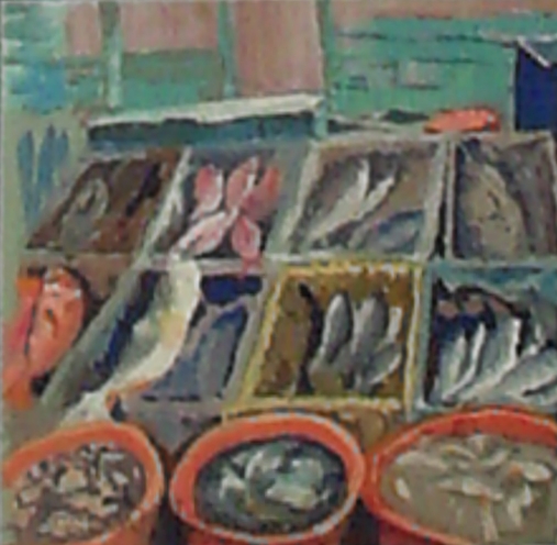 Painting entitled The Fish Stall by Steve Williamson